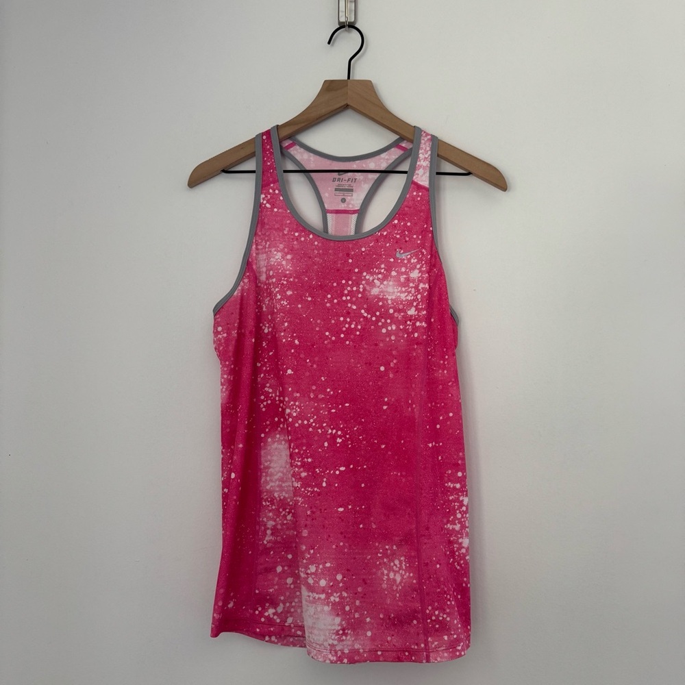 Nike Women's Pink and White Splatter Dri Fit Large Athleisure Tank Top
